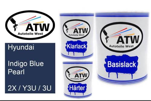 Hyundai, Indigo Blue Pearl, 2X / Y3U / 3U: 1L Lackdose + 1L Klarlack + 500ml Härter - Set, von ATW Autoteile West.